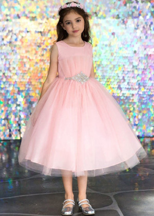Tulle Ruffle Bodice Flower Girl Dress With Beaded Waist